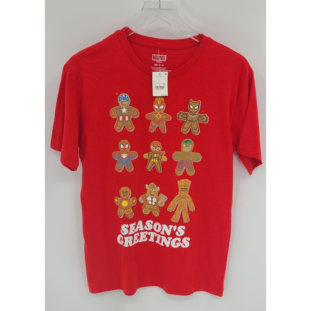 Marvel Gingerbread Man Superhero Christmas Men's T Shirt Red Size Small